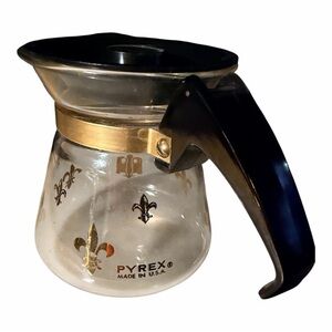 Pyrex Glass Coffee Carafe with Gold Fleur-de-Lis and Black Handle